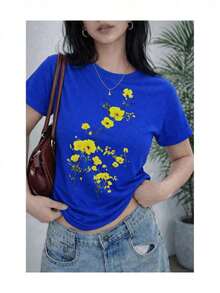 Gift: Women's Mother's Day T-Shirt, Yellow Floral Print, Minimalist, Soft Touch, Short Sleeve, Round Neck, Spring Summer, Casual, Comfortable For Everyday Wear, Soft Mother's Day T-Shirt - 藍色的 - 查看 8