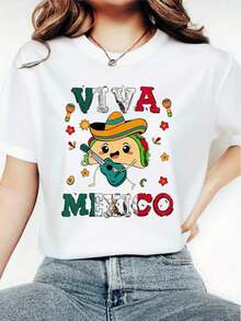 Women's Plus Size Viva Mexico Graphic T-Shirt - 100% Cotton, Short Sleeve, Crew Neck, Casual Top With Vibrant Mexican Culture Design, Maracas, Sombrero And Chili Print, Red/Blue Green, Machine Washable, All Season Comfort, Ideal For Summer - 白色的 - 查看 3