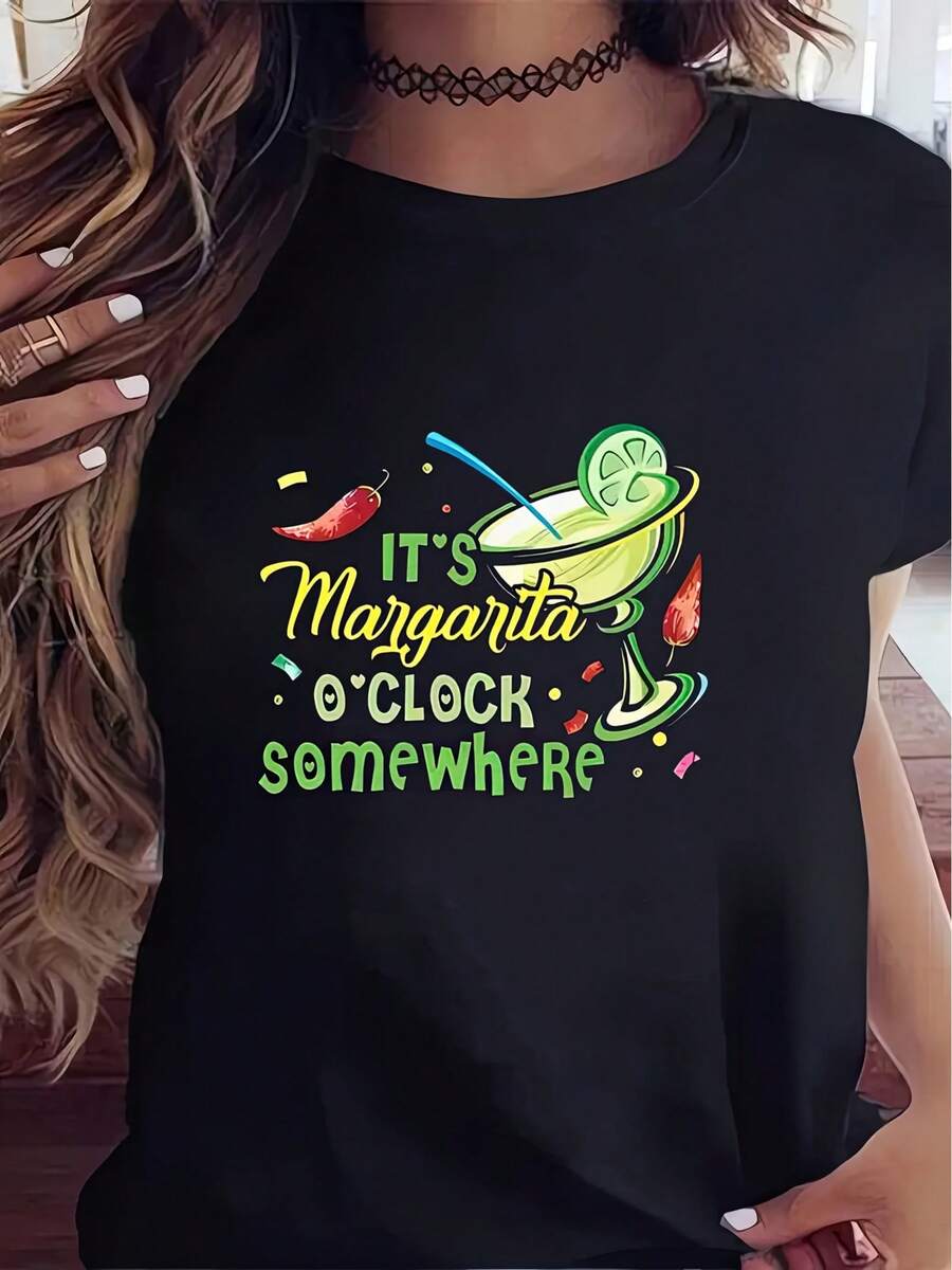 100% Cotton T-Shirt With Print, Short Sleeves And Round Neck, Casual Top For Women, Casual Spring/Summer Everyday Wear. - 黑色 - 查看 1