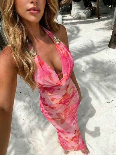Vestido Longo Floral Rosa com Alças Finas e Sem Mangas para Mulheres NOVELLE, Elegante Francês Sexy com Decote V Profundo nas Costas, Adequado para Férias de Verão, Encontros, Festas e Uso Diário, Vestido com Sobreposição Semitransparente