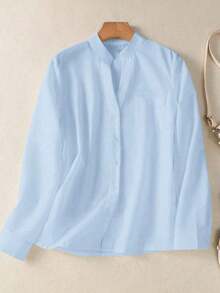 Camisa de mujer de unicolor con cuello en V y botones - Blusa casual y elegante de manga larga con detalle de bolsillo, adecuada para vacaciones, viajes y uso diario, artículo esencial para primavera, verano, otoño e invierno - Celeste - Ver 3