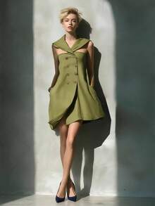 Fashionable Short Dress For Women, Cape Collar With Cutouts, Double-Breasted Button Closure, Pockets, Flattering Design, Perfect For Casual, Daytime And Office Looks - 軍綠色 - 查看 2