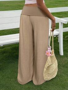 Women's Low Waisted Pants Solid Color Wide Leg Loose Fit Trousers Women Comfortable Casual Daily Wear - Caqui - Ver 2