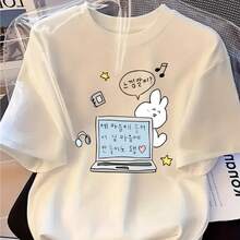 Women's Vintage Urban Style T-Shirt, Korean Kawaii Anime Style - Rabbit Design And Korean Print, With Hearts And Stars, Soft Round Neck, Short Sleeve, Breathable And Comfortable Fit, Machine Washable, Casual Wear, K-Drama Style For Spring And Autumn, 100% Breathable Cotton. - 白色 - 查看 7