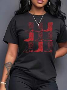 [Diseño Especial]Camiseta Casual para Mujer con Estampado de Botas y Estilo Vaquero Occidental - Negro - Ver 3