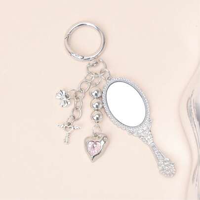 1pc Women's Practical High-Definition Handle Mirror, Vintage Lace, Heart Rhinestone, Beaded Bow Knot, Butterfly Key Chain Pendant, Fashionable Delicate Bag Charm