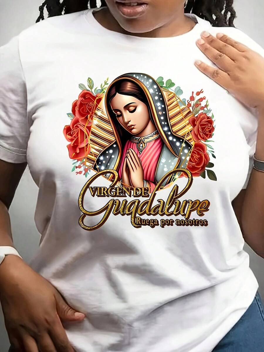 Camiseta de Mujer con Estampado Gráfico - Manga Corta, Cuello Redondo, Estilo Casual con Diseño de Nuestra Señora de Guadalupe y Floral, Letras Virginia De Guadalupe Reina Y SenOra, Lavable a Máquina, Ajuste Cómodo para Todas las Temporadas, Camisetas para Damas, Ropa Cómoda, Camiseta Y2k - Negro - Ver 1
