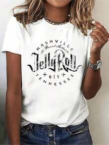 1 pieza de camiseta estampada Jelly Roll Nashville Tennessee, estampado casual, cómoda y versátil, con diseño de letras, 100% algodón de 180g. - Blanco - Ver 1