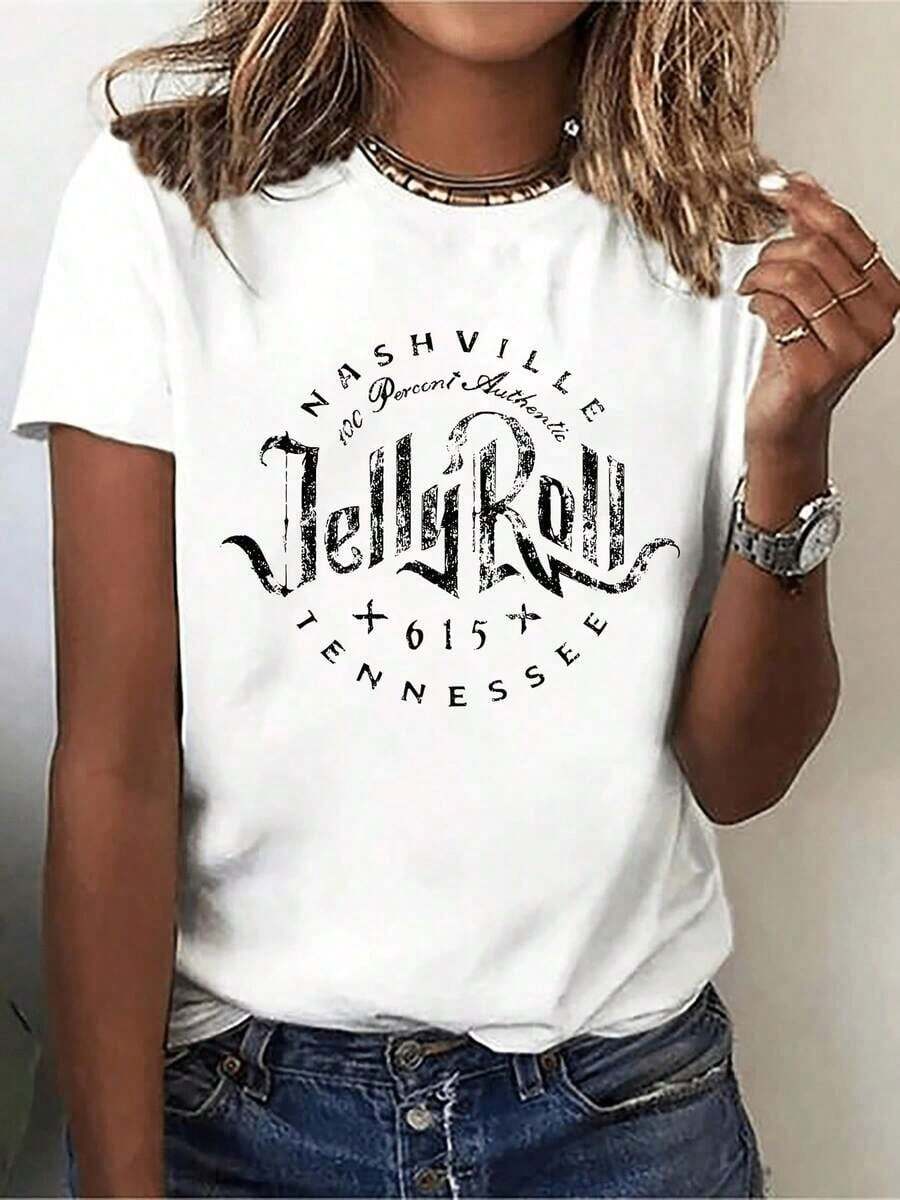 1 pieza de camiseta estampada Jelly Roll Nashville Tennessee, estampado casual, cómoda y versátil, con diseño de letras, 100% algodón de 180g. - Blanco - Ver 1