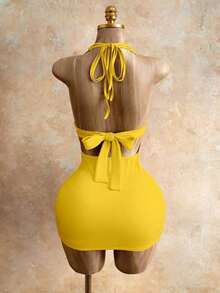 Vestido ajustado con espalda descubierta y lazo delantero para mujer, de unicolor minimalista, adecuado para la playa y vacaciones - Amarillo - Ver 2