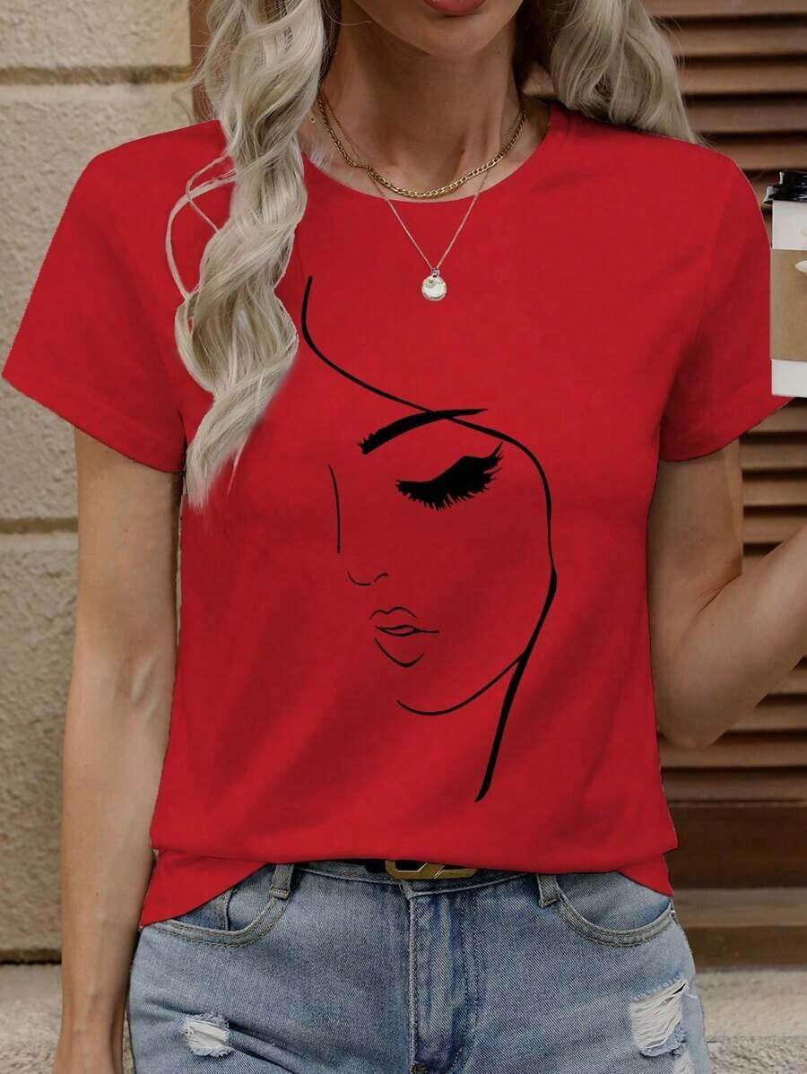 1 Pieza de Camiseta Casual de Moda para Hombres y Mujeres, Camiseta de Manga Corta con Estampado de Mariposa y Rostro, Versátil para Primavera/Verano, fácil de combinar, adecuada para uso diario, estilo urbano, ropa de vacaciones, ropa de fin de semana. - Rojo - Ver 1