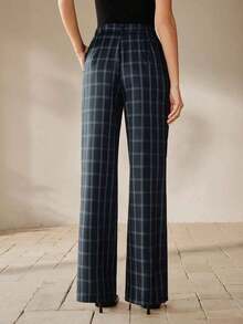 Pantalones anchos de talle alto a cuadros azul marino para mujer, pantalones elegantes de primavera/verano para uso casual y formal en la oficina - Azul marino - Ver 5