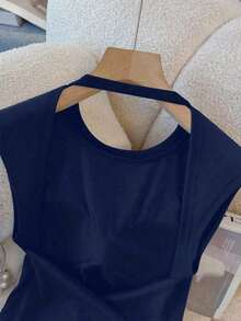 Top ajustado sin espalda de cuello redondo de unicolor para mujer - Azul marino - Ver 4
