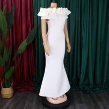 Vestido largo de fiesta formal 2026 para mujer, color liso, con bordes de volantes, corte ajustado y bajo estilo sirena - Blanco - Ver 5