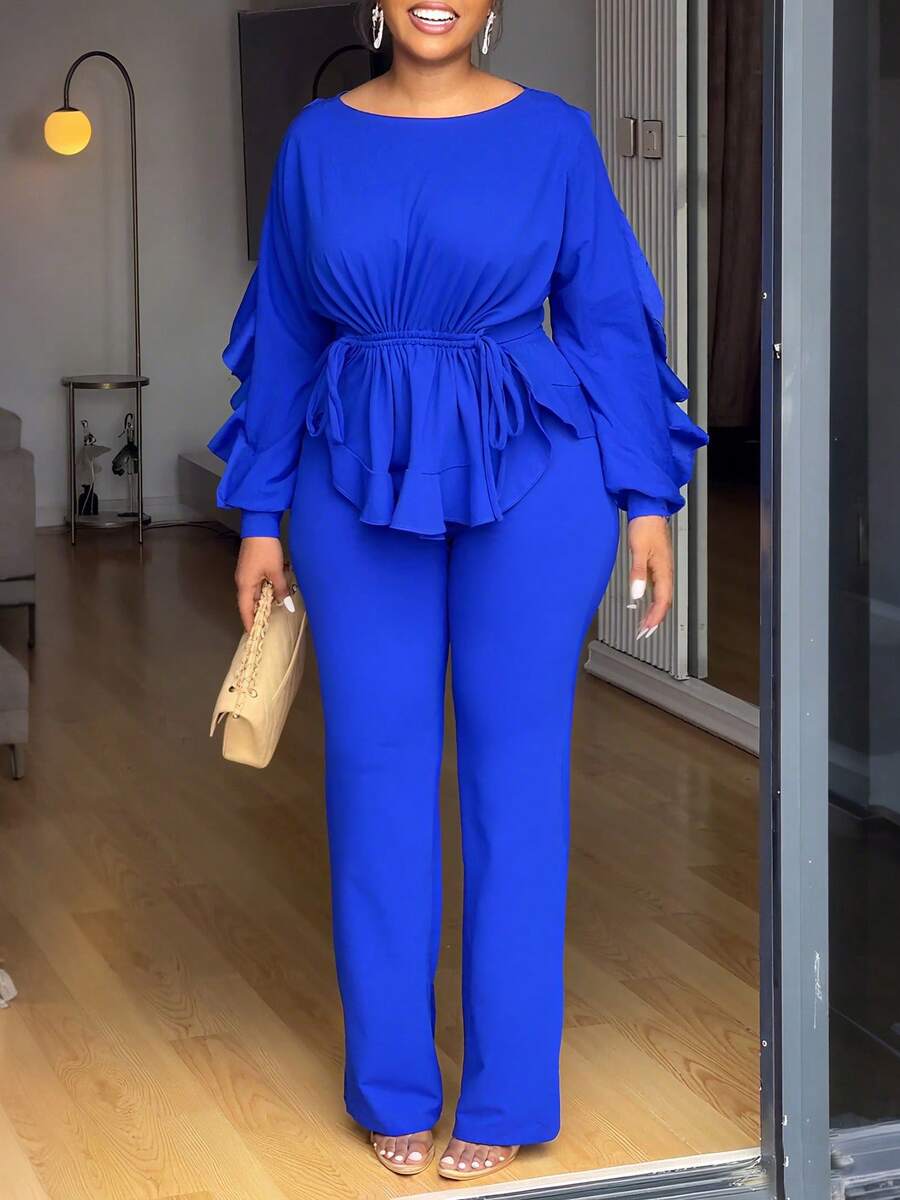 Elegant European And American Winter Two-Piece Set, Featuring Ruffles, Adjustable Drawstring, Long Sleeves, And A Fitted Waist. - Blue - View 1