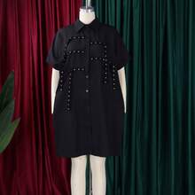 Loose-Fitting Midi Shirt Dress 2026 With Lapel And Short Sleeves - Black - View 3