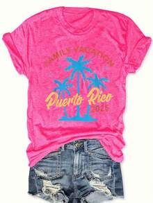 Women's Plus Size Graphic T-Shirt With Puerto Rico Design - Casual Short Sleeve Crew Neck Top With Palm Tree Design, Bright Pink, Perfect For Spring And Summer, Casual Spring Wear | Family Vacation Design | Vibrant Print T-Shirt, Puerto Rico T-Shirt - 玫紅色 - 查看 6