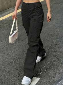 Casual Solid Color Minimalist Straight Leg Cargo Pants Black Spring - Black - View 3