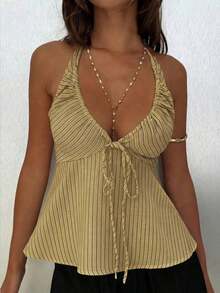 Camiseta de mujer con cuello halter sexy de cuello en V profundo y amarres delanteros a rayas - Verde Oliva - Ver 8