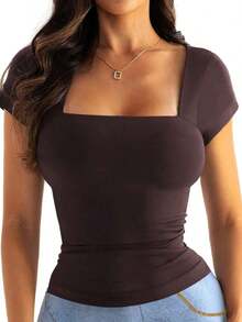 Camiseta de manga corta ajustada y sexy con cuello cuadrado de punto de unicolor para mujer Vaiaye, top de activewear para primavera/verano, adecuado para el Día de San Valentín en color rojo casual - Marrón - Ver 11