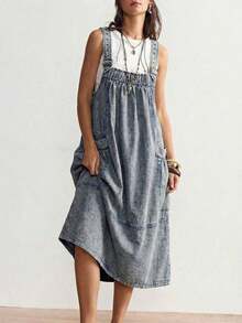 BohoFeels Vestido casual de media longitud de unicolor y tejido holgado para mujeres - Azul - Ver 3