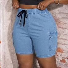 Slayr Plus Size High Waist Skinny Sexy Cargo Denim Shorts - Lavado ligero - Ver 6