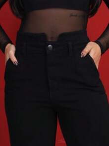 Women's Mom Jeans, High Waist, Marbled Effect. - Black - View 3