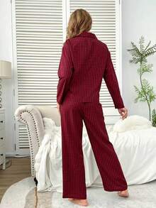 Nina Bonheur Bộ đồ ngủ tay dài kẻ caro cài nút phía trước cho nữ, áo dễ thương và quần cạp chun, trang phục ấm áp, quần áo thu đông, giáng sinh - Màu Đỏ Sâu - Xem 4