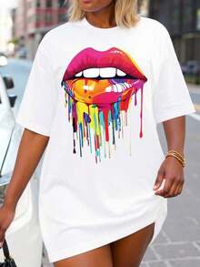 1 pieza  Camiseta de manga corta holgada con estampado de labios para mujer, talla grande, para uso casual de verano, camisetas gráficas, tops de mujer, 180g, 100% algodón. - Blanco - Ver 1