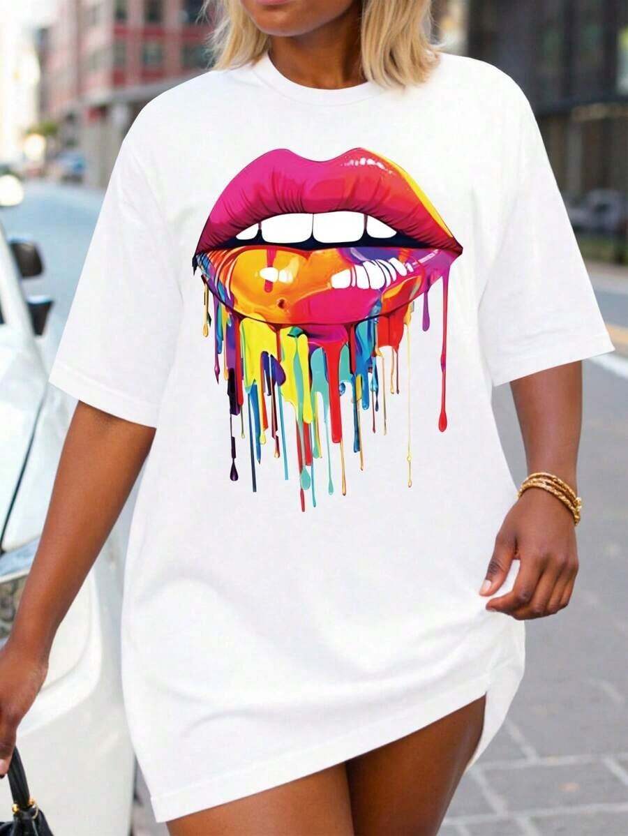1 pieza Camiseta de manga corta holgada con estampado de labios para mujer, talla grande, para uso casual de verano, camisetas gráficas, tops de mujer, 180g, 100% algodón. - Blanco - Ver 1