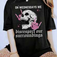 1 pieza de camiseta casual para mujer. Camiseta con estampado gráfico de esqueletos y cuello barco, manga corta, 180g, 100% algodón. Todos los diseños están impresos. Unisexo. - Negro - Ver 5