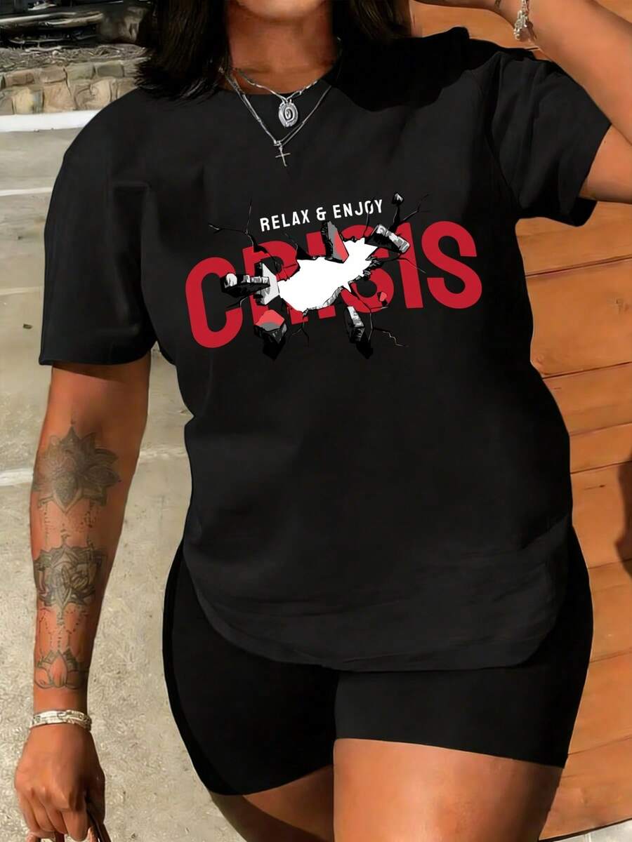 Talla Grande - Talla Grande - Camiseta de Mujer Oversize Hecha de una Mezcla Suave y Transpirable, con un Diseño de Estampado Creativo que e Relax Enjoy, Crisis. Es Lavable a Máquina y es un Gran Regalo para Festivales. Disponible para Entrega Local