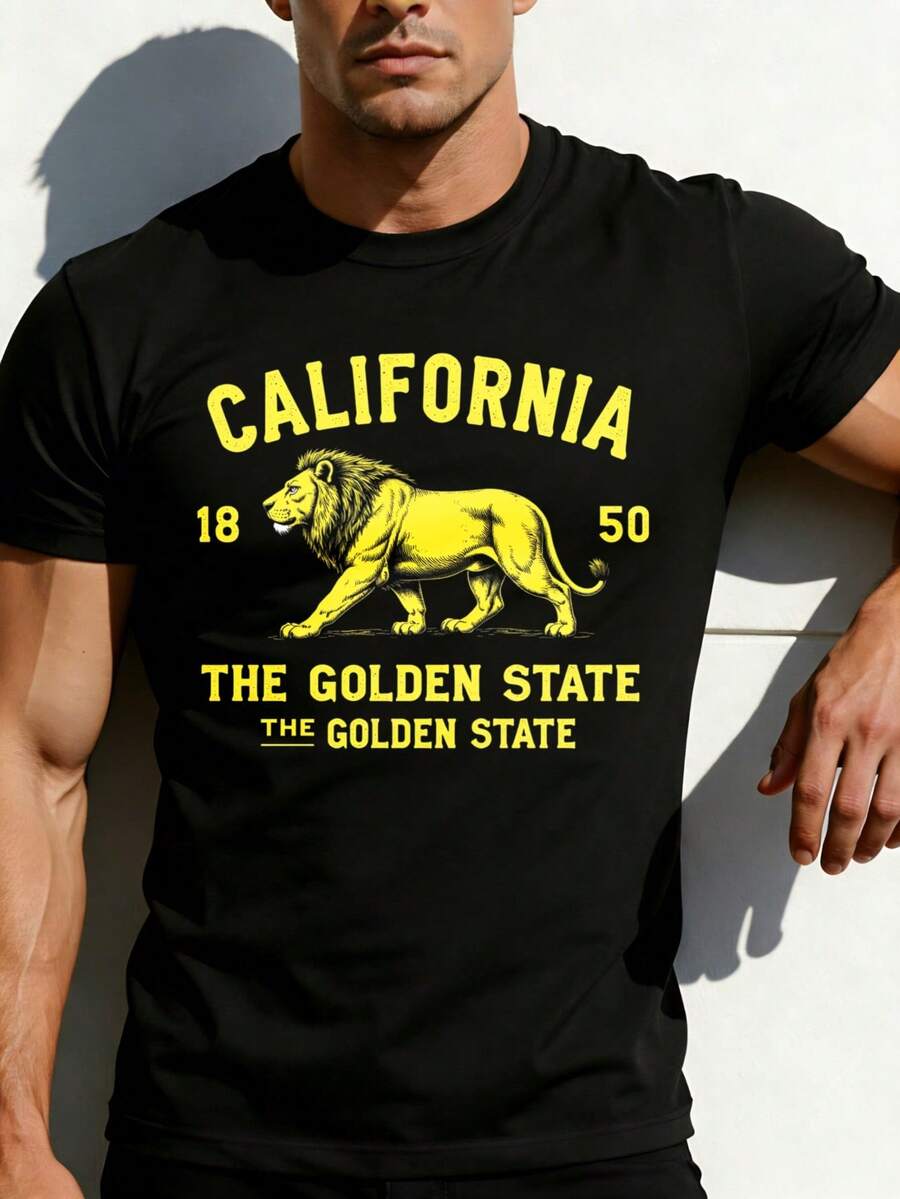 Men's Casual T-Shirt With A California Golden State Lions Design, Perfect For Summer, A Great Gift For Him. Loose And Comfortable Fit. - Black - View 1