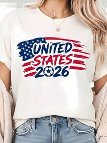 Playeras de mujer, blusas para mujer, blusas casuales para dama, Playera Gráfica Selección Estadounidense de Fútbol 2026, Diseño con Bandera de EE.UU Estilo Pintura, Playera Blanca Manga Corta Casual para Mujer, Ropa para Aficionados al Deporte, Ideal para Uso Diario y Eventos, vestidos casuales para mujer ropa deportiva versátil - Blanco - Ver 7