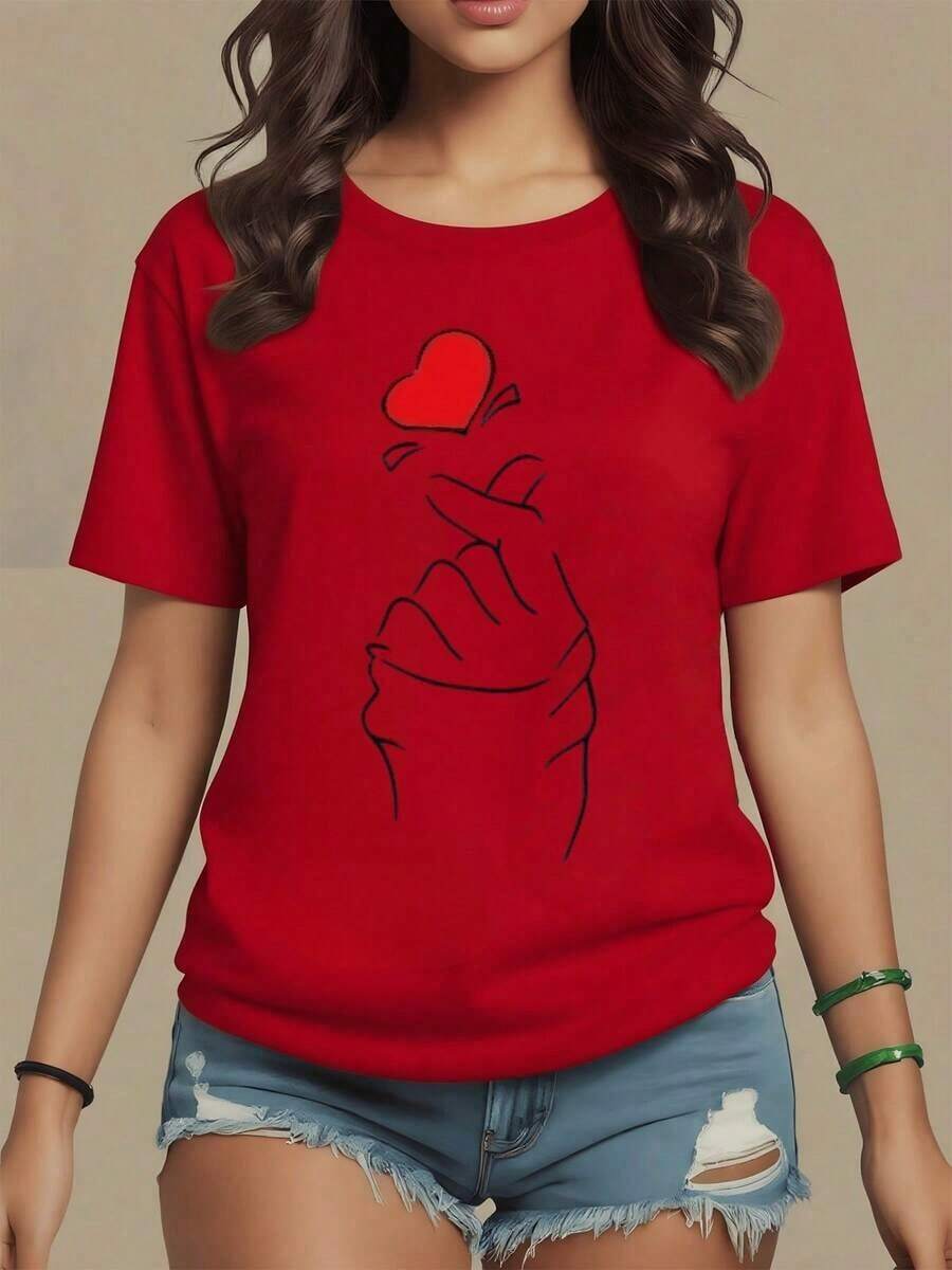 El estampado muestra una mano haciendo el gesto coreano del corazón que simboliza cariño y conexión sincera entre personas camiseta para mujer 100% algodón suave y cómoda para uso diario,maija mujer curvy. - Rojo - Ver 1