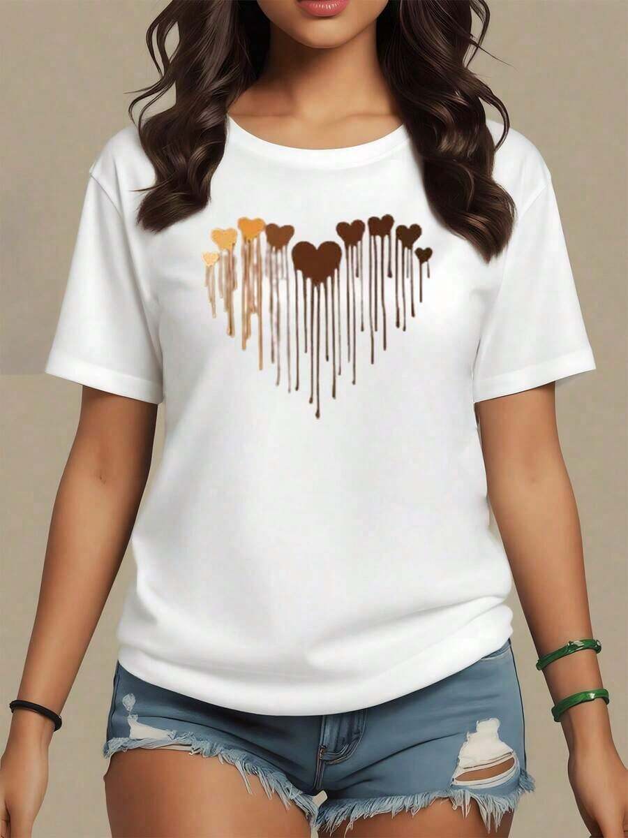 Melted Hearts In Brown Tones Symbolizing Diversity And Unity In Sincere Love, Reflecting Warmth And Empathy. Soft And Comfortable 100% Cotton Women's T-Shirt, Maija Curvy Women. - 白色 - 查看 1