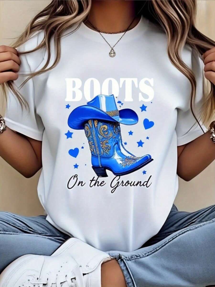 Camiseta de vaquera occidental de las mujeres con botas de vaquera ombrero de impresión, botas azules y diseño de herradura - Top de verano de manga corta transpirable, consigna "botas en el suelo" de uste relado, tre occidental casual para eventos de rodeo y estilo de país