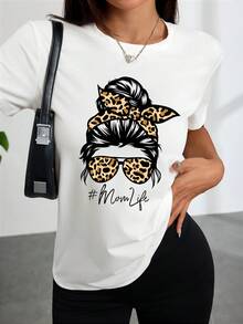 Mujeres equipado superior blanco leopardo impresión cabello y gafas de moda mamá vida gráfico cómodo desgaste casual para las salidas cotidianas - Blanco - Ver 2
