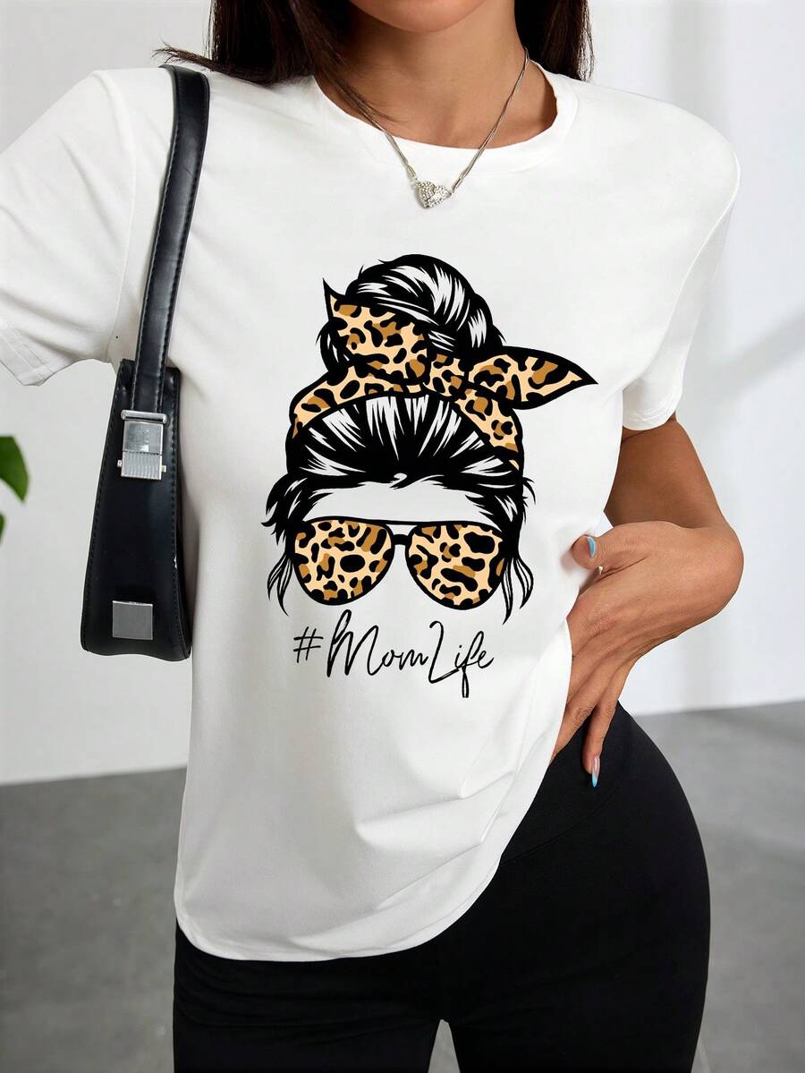 Mujeres equipado superior blanco leopardo impresión cabello y gafas de moda mamá vida gráfico cómodo desgaste casual para las salidas cotidianas
