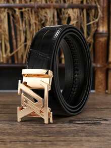1pc Men's PU Leather Automatic Buckle Belt, Embossed Hollow Letter Buckle, Bamboo Joint Pattern Adjustable Business Casual Waist Belt, Multiple Colors Available, Fashionable , Suitable For Men's Jeans, Suits, Workplace Formal Wear And Daily Casual Wear. Light Luxury Style, High-End Feel, Best Gift For Father And Boyfriend. - Multicolor - View 4