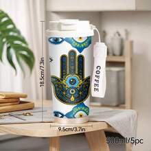 1个/5个装 500毫升 邪眼纳扎尔印花保温咖啡杯，带翻盖和“COFFEE”字样提手，304不锈钢防漏旅行杯，冷热饮皆宜，是送给灵修爱好者和波西米亚风爱好者的完美礼物 - 多色1 - 查看 3