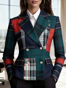 HOMEYEE Áo blazer dài tay in họa tiết kẻ caro, phong cách retro thanh lịch, thường ngày, công sở, đi làm, mùa xuân. - Màu xanh lá cây đậm - Xem 11