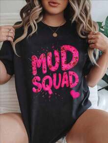 Camiseta Casual de Mujer con Diseño Vintage de Salpicaduras de Corazón Rosa, Adecuada para Todas las Temporadas  
 BlackFashion - Negro - Ver 1