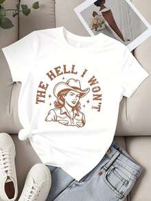 Camiseta de cuello redondo para mujer con estampado de vaquera con sombrero y la frase "I Won't Text", manga corta, ropa casual para salidas diarias y eventos de estilo occidental. - Blanco - Ver 2