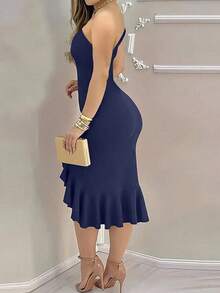 midi elegante y ceñido de mujer con volante en el bajo, cuello asimétrico y abertura - azul real - Ver 2