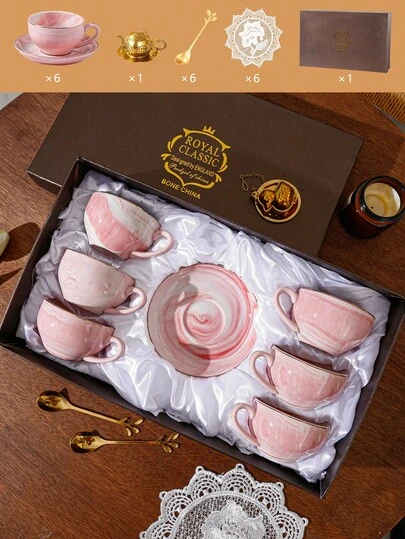 一套（1个咖啡杯碟、6个咖啡杯碟、6把勺子、6个杯垫、1个茶漏，礼盒包装）陶瓷咖啡杯碟套装，适用于家庭厨房、餐厅、客厅，可用作美式拿铁咖啡杯、水杯、茶杯、马克杯，也适用于户外、婚礼、派对、送礼、生日等场合。