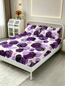 1PC 2D Plane Blue Marble Hexagon Print Fitted Sheet , Geometric Bedding , Modern Minimalist Bed Cover For Home Bedroom Suitable For Twin/Full/Queen/King Size Bed, Machine Washable, Ideal For F Bedroom Decor - Purple - View 4