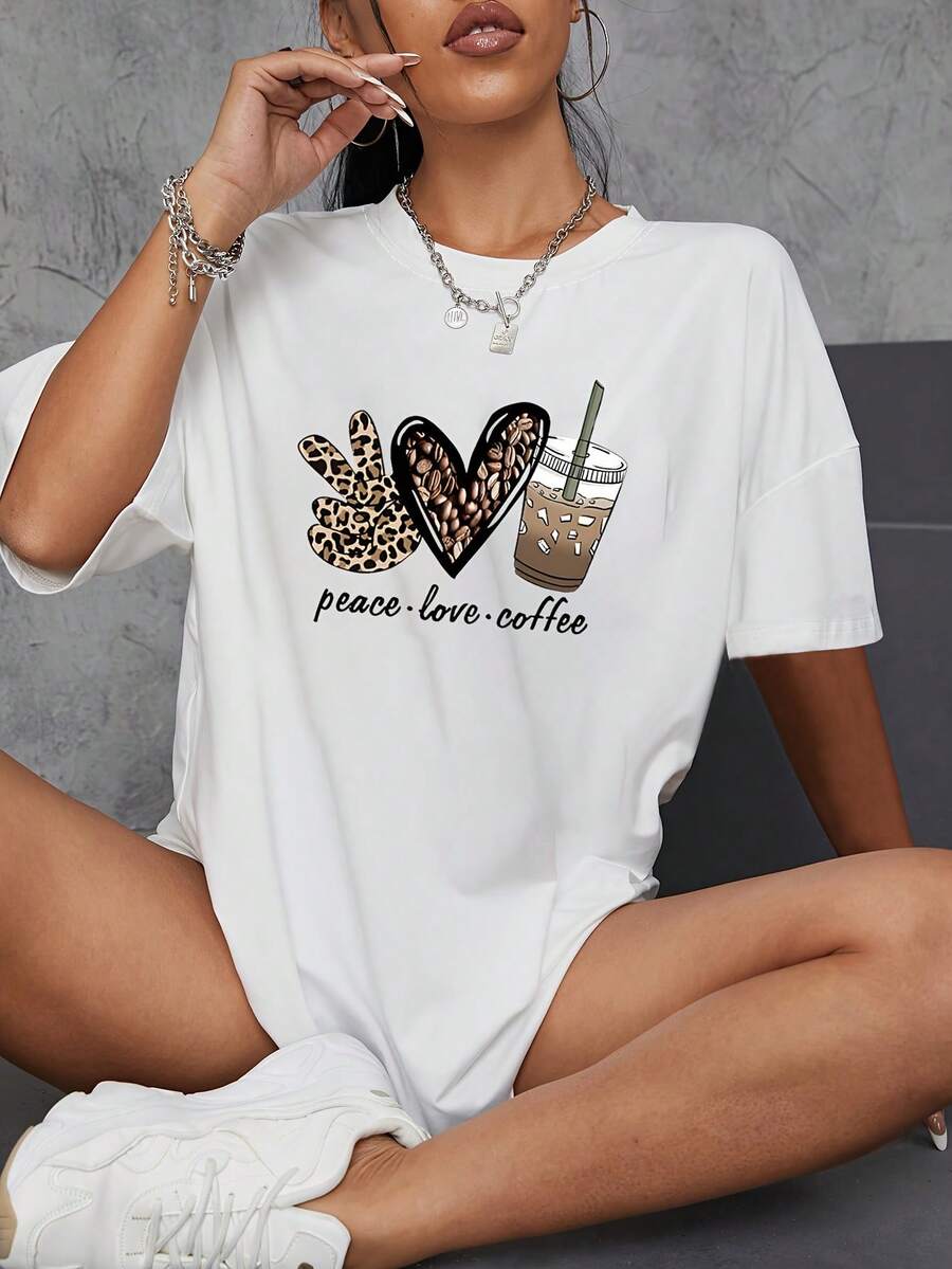 Soft 100% Cotton T-Shirt, With Fashionable And Personality Print, Casual Style, Short Sleeve, Round Neck, Slightly Elastic, Sports Top, Activewear For Women, Breathable Cotton T-Shirt, Matches Everything, Great. - 白色 - 查看 1