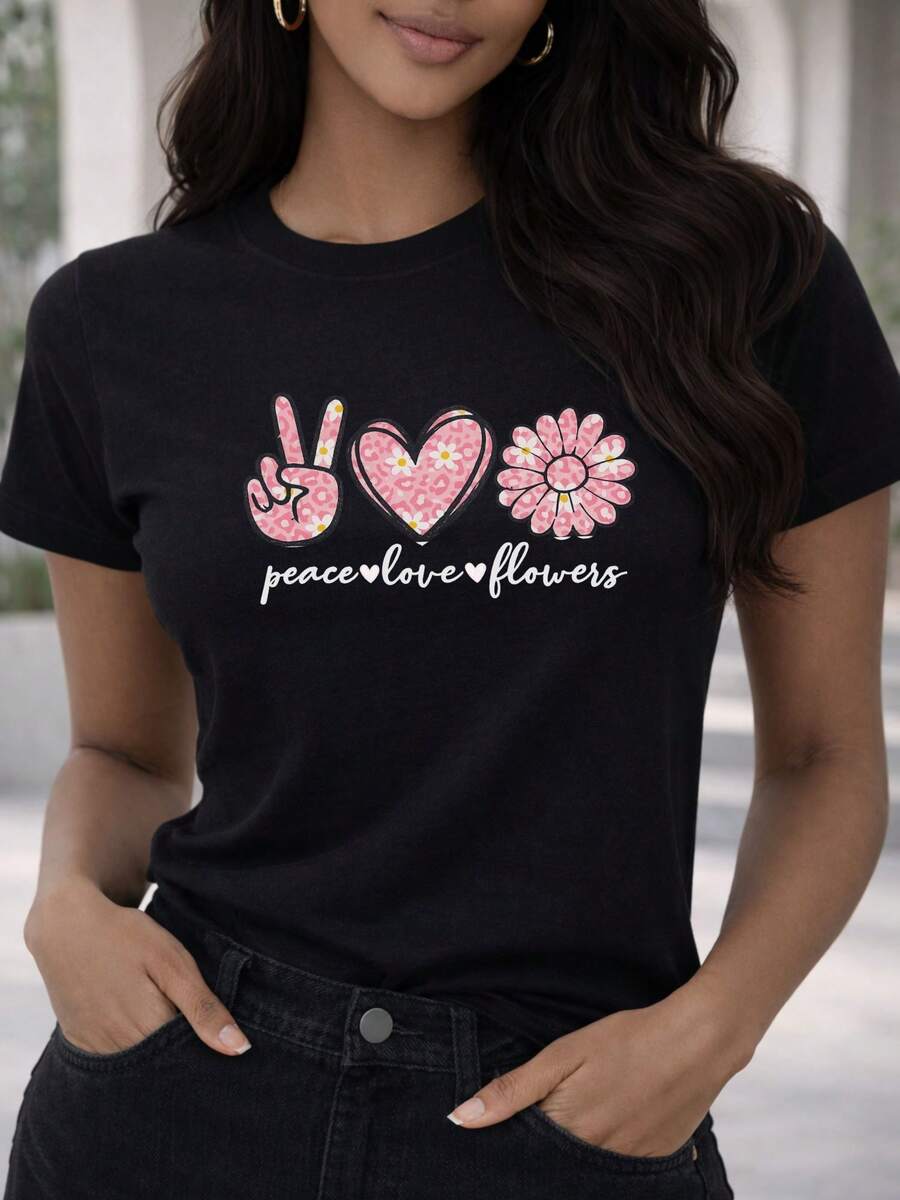 Soft 100% Cotton T-Shirt, Casual Women's T-Shirt With Cursive Lettering, Retro, Peace Symbols, Love And Flowers, Leopard Print, Heart, Breathable Cotton T-Shirt, Matches Everything, Cool. - 黑色 - 查看 1