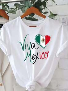 Viva Mexico Women's Plus Size T-Shirt - Mexican Flag Heart Print, Stretch Cotton Loose Fit Lightweight Short Sleeve Round Neck Top For Spring Summer, Machine Washable, Mexican T Shirt, Casual Wear, Graphic Tee, Soft Material, Printed Blouse, Casual Wearers Y2k Camiseta Camisa De - 黑色 - 查看 10